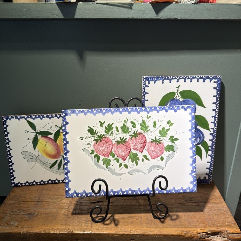 Cotto Petrus Italy Vintage 11" Ceramic Tile Set/3 Blueberries Strawberries Peach